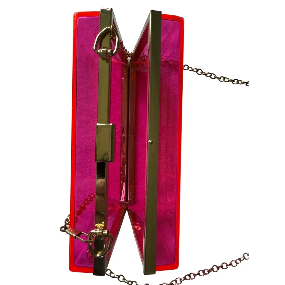 Concert Y2K Hot Pink Transparent Acrylic Box Clutch Gold Chain Crossbody Bag
